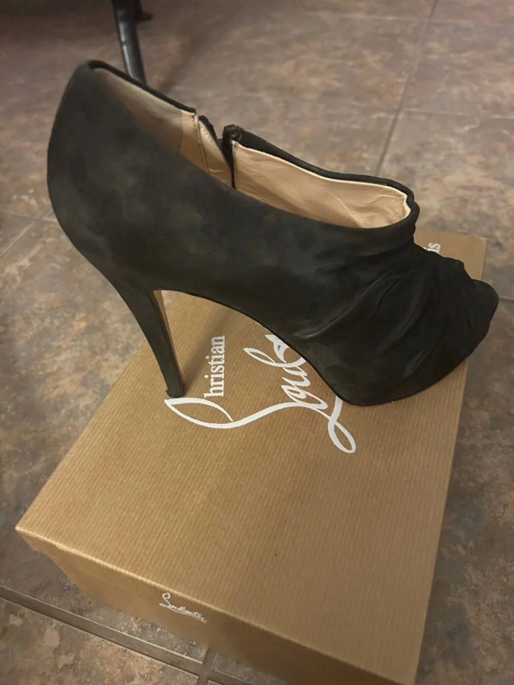 Christian Louboutin Treopli 120 peep-toe platform booties in black ruched suede